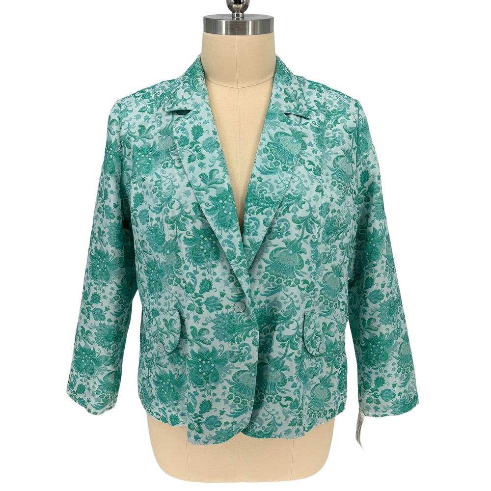 ELCC Blazer Jacket Green Teal Damask Brocade Floral‎ Print Plus Size 2X